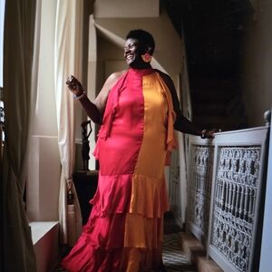 Anthropologie Two-Tone Ruffle Halter Maxi Dress - Pink & Orange
